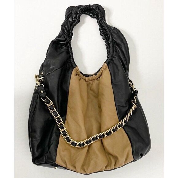 BE & D Soft Leather Hobo Shoulder Bag Camel Black Chain Strap Slouchy - Picture 1 of 5
